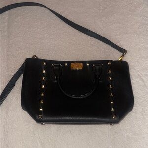 Michael Kors Sandrine Studded Black Saffiano Leather Messenger Shoulder Bag.
